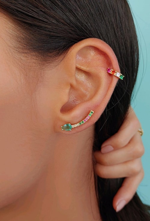 EAR CUFF COM GOTA TURMALINA CRAVEJADO COLORIDO BM1195-O