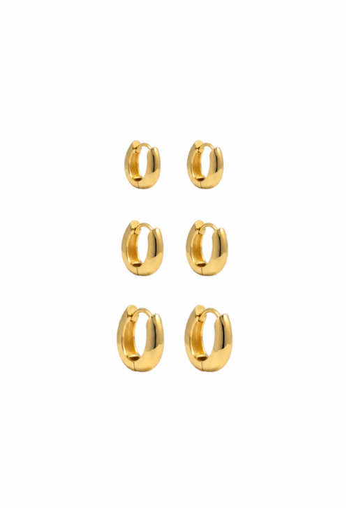 KIT TRIO DE BRINCOS ARGOLA OVAL LISA BANHADO A OURO 18K BM2366-O