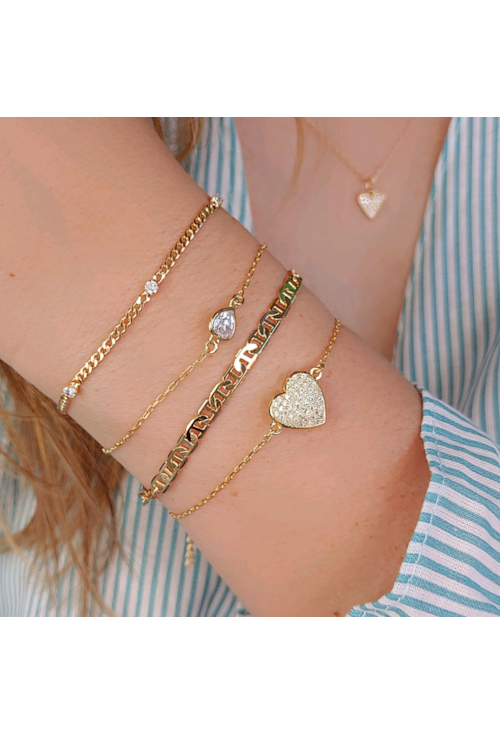 PULSEIRA AJUSTÁVEL COM CORAÇÃO CRISTAL NO OURO PM071-O