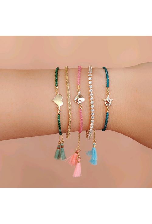 PULSEIRA AJUSTÁVEL CORAÇÃO COM CRISTAIS E TASSEL VERDE PM107-O