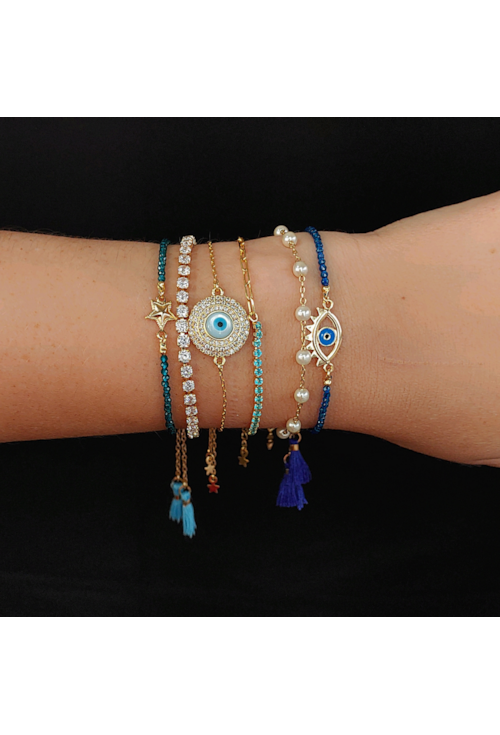 PULSEIRA AJUSTÁVEL OLHO GREGO COM CRISTAIS E TASSEL AZUL PM108-O PULSEIRA AJUSTÁVEL OLHO GREGO COM CRISTAIS E TASSEL AZUL PM108-O