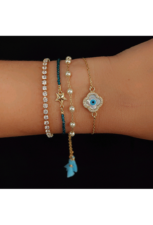 PULSEIRA AJUSTÁVEL TREVO DE OLHO GREGO PM068-O