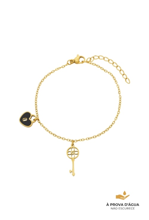 PULSEIRA COM CHAVE E CORAÇÃO ÔNIX AÇO DOURADO PM529-AD