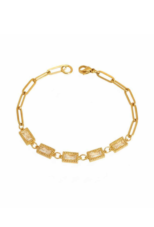 PULSEIRA COM ELOS E BAGUETES CRISTAL EM AÇO INOX DOURADO PM512-AD