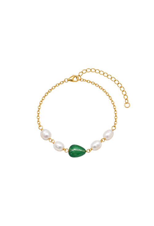 PULSEIRA COM PÉROLA BARROCA E ÁGATA VERDE BANHADA A OURO PM650-O