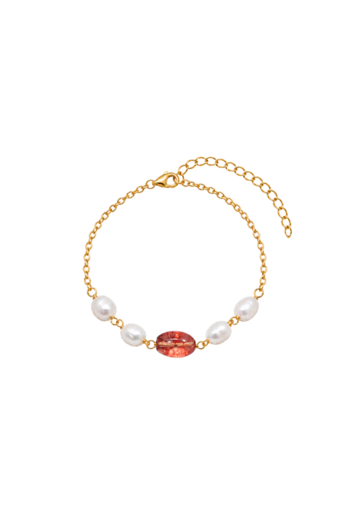 PULSEIRA COM PÉROLA BARROCA E JADE MORANGO BANHADA A OURO PM650-O