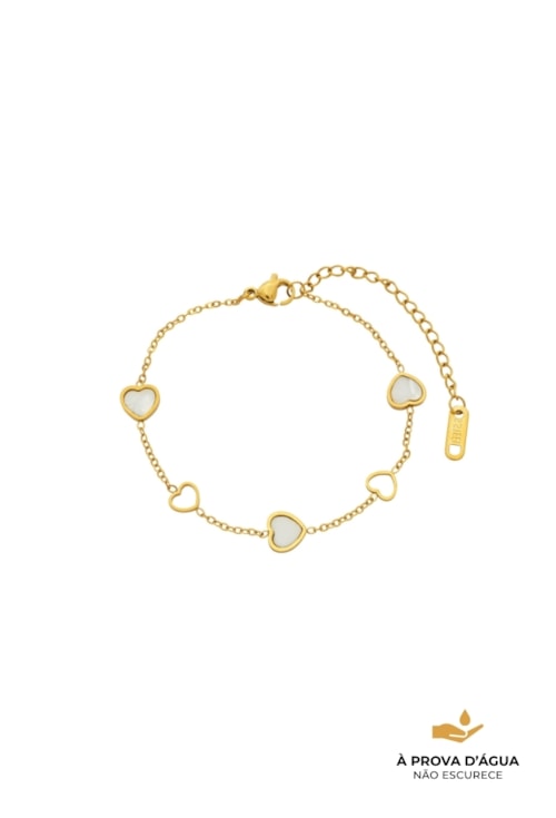 PULSEIRA CORAÇÃO VAZADO MADRE PÉROLA EM AÇO DOURADO PM566-AD