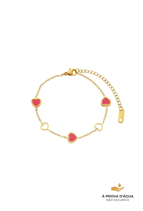 PULSEIRA CORAÇÃO VAZADO PINK EM AÇO DOURADO PM566-AD