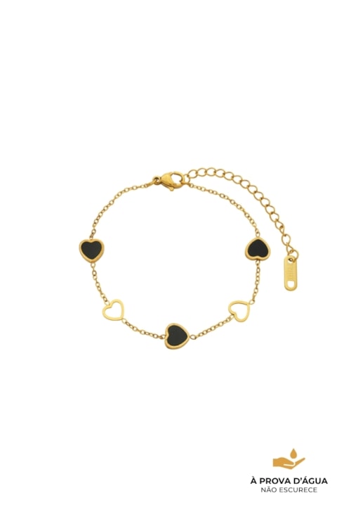 PULSEIRA CORAÇÃO VAZADO PRETO EM AÇO DOURADO PM566-AD