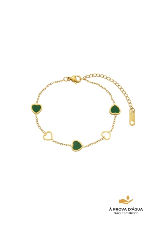 PULSEIRA CORAÇÃO VAZADO VERDE EM AÇO DOURADO PM566-AD