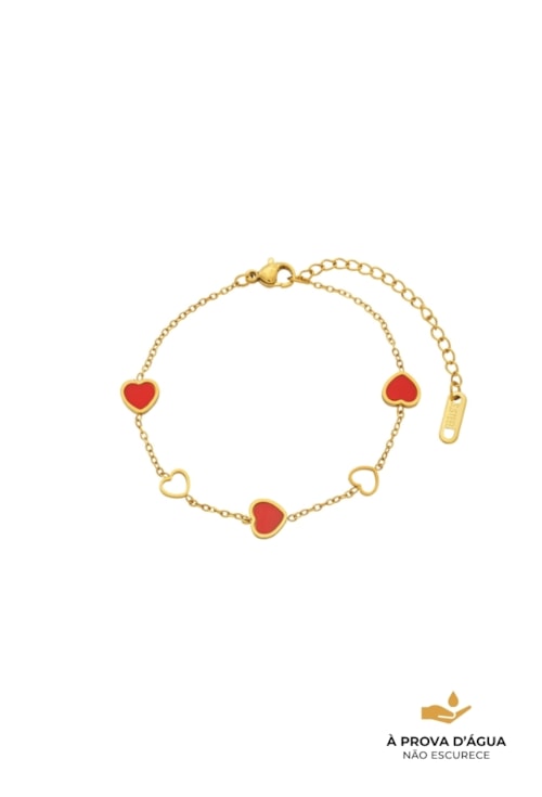 PULSEIRA CORAÇÃO VAZADO VERMELHO EM AÇO DOURADO PM566-AD