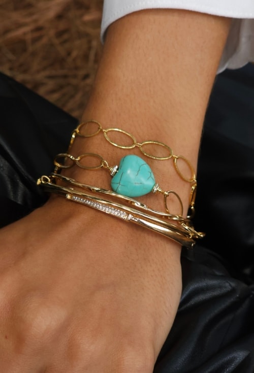 PULSEIRA DE ELOS COM PEDRA CORAÇÃO TURQUESA NATURAL PM445-O PULSEIRA DE ELOS COM PEDRA CORAÇÃO TURQUESA NATURAL PM445-O