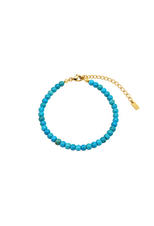 PULSEIRA DE PEDRAS LAPIDADAS REDONDAS TURQUESA BANHADA A OURO PM653-O