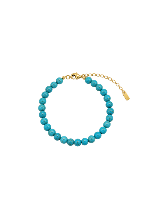 PULSEIRA DE PEDRAS LAPIDADAS REDONDAS TURQUESA BANHADA A OURO PM654-O