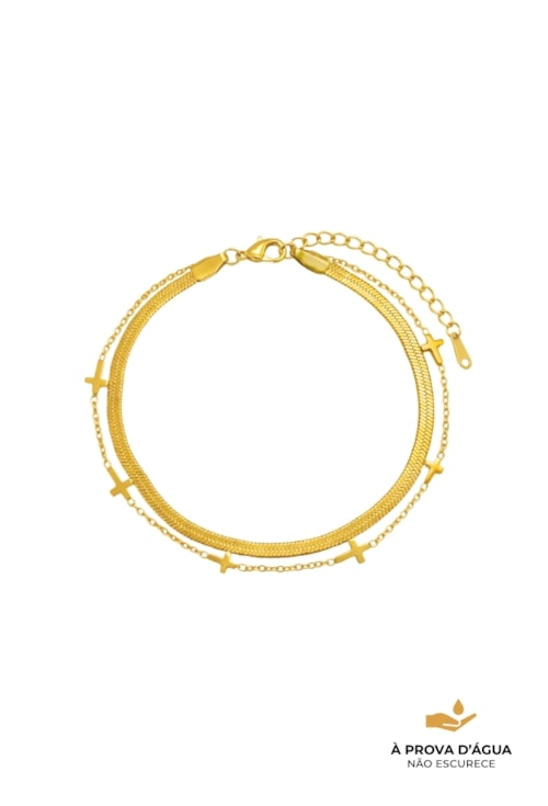PULSEIRA DUPLA COM CRUZ EM AÇO DOURADO PM565-AD