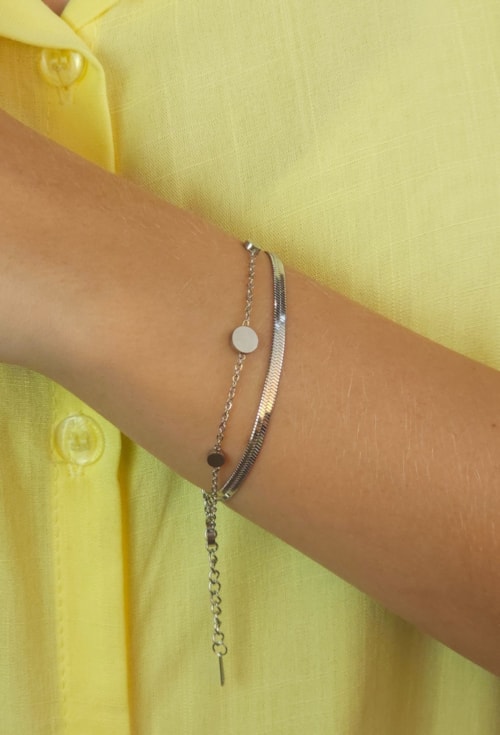 PULSEIRA DUPLA COM FITA E DETALHES REDONDOS EM AÇO INOX PM567-A