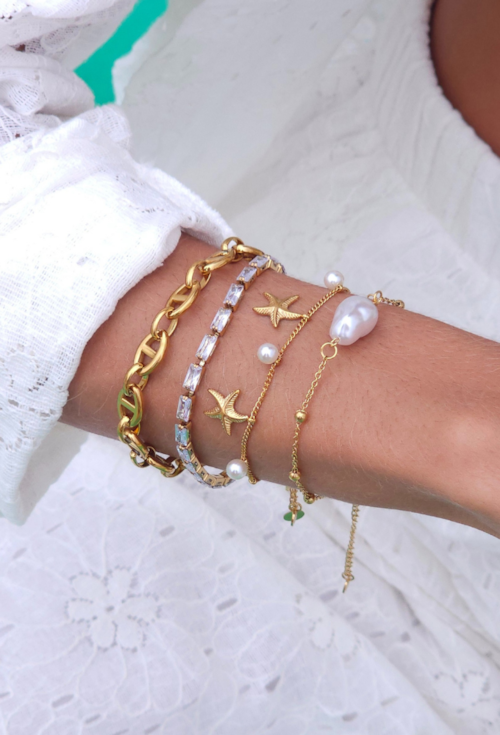 PULSEIRA ESTRELA DO MAR COM PÉROLAS EM AÇO INOX DOURADO PM522-AD
