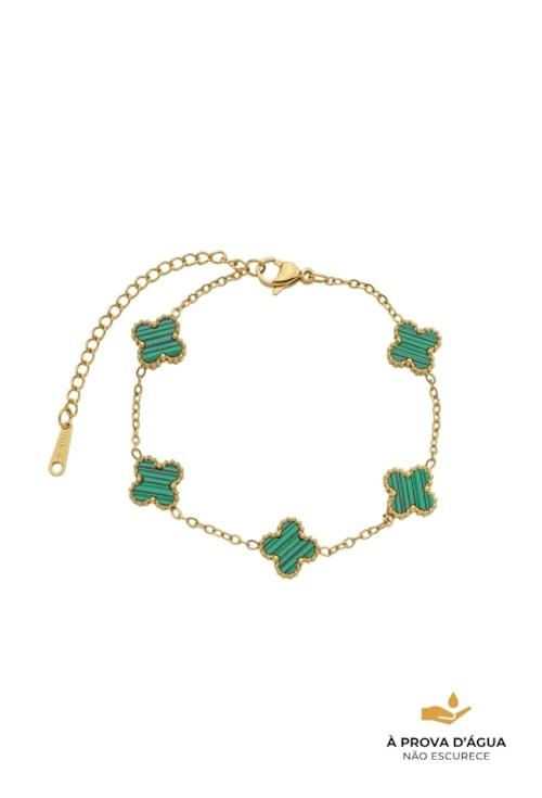PULSEIRA INSIRAÇÃO AÇO INOX DOURADO TREVOS MALAQUITA PM461-AD