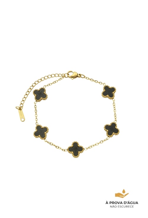 PULSEIRA INSIRAÇÃO AÇO INOX DOURADO TREVOS ÔNIX PM461-AD