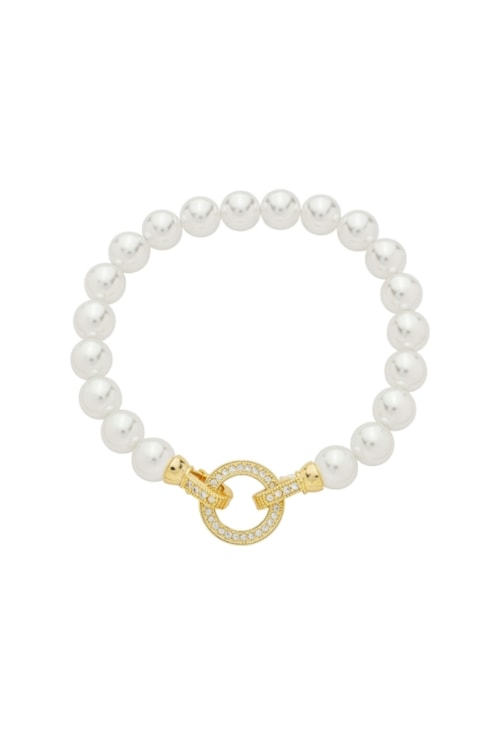 PULSEIRA PÉROLA REDONDA COM FECHO CRAVEJADO BANHADO OURO PM598-O