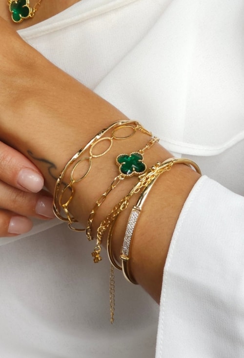 PULSEIRA TREVO INSPIRAÇÃO COM PEDRA LAPIDADA TURMALINA PM047-O PULSEIRA TREVO INSPIRAÇÃO COM PEDRA LAPIDADA TURMALINA PM047-O