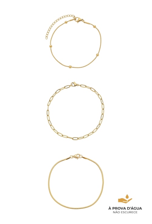 PULSEIRA TRIO ELOS COM BOLINHAS AÇO INOX DOURADO PM601-AD
