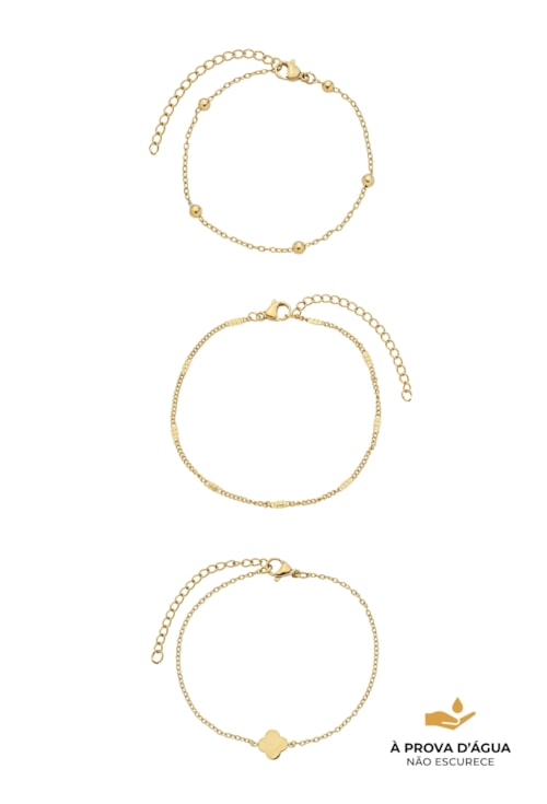 PULSEIRA TRIO ELOS COM BOLINHAS E TREVO AÇO INOX DOURADO PM589-AD