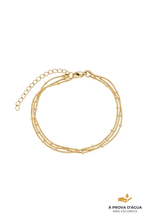 PULSEIRA TRIO ELOS COM BOLINHAS E TREVO AÇO INOX DOURADO PM589-AD