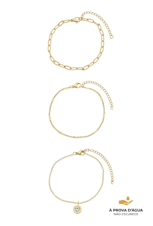 PULSEIRA TRIO ELOS COM PINGENTE REDONDO AÇO INOX DOURADO PM590-AD