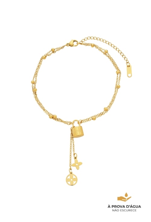 TORNOZELEIRA DUPLA COM DETALHES E PINGENTE CADEADO TZM020-AD