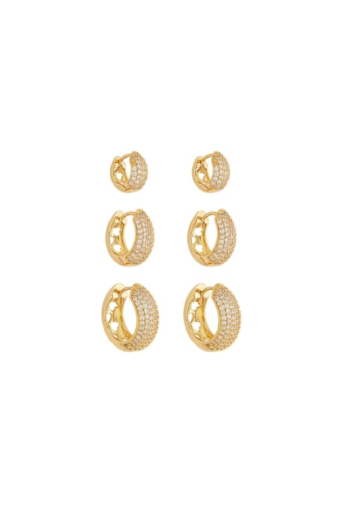 TRIO DE ARGOLAS CRAVEJADAS 6 FILEIRAS BANHO OURO BM2152-O