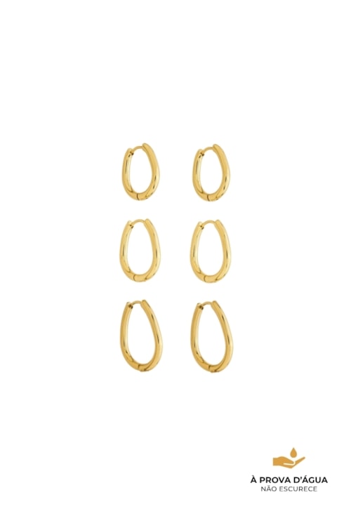 TRIO DE ARGOLAS OVAIS LISAS EM AÇO INOX DOURADO BM2148-AD