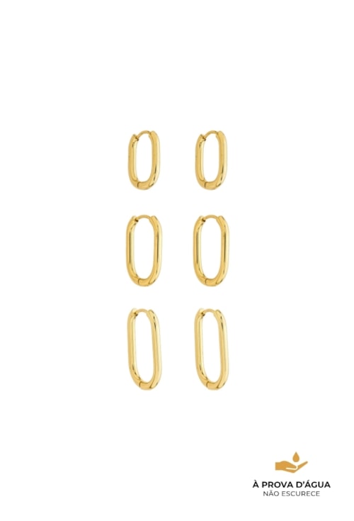 TRIO DE ARGOLAS RETANGULARES LISAS EM AÇO INOX DOURADO BM2147-AD