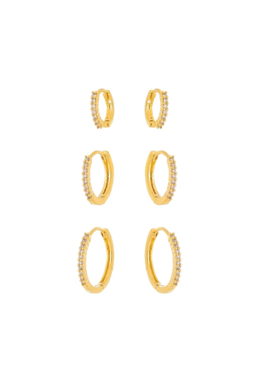 TRIO DE ARGOLINHA COM ZIRCÔNIAS CRISTAL NO OURO BM883-O TRIO DE ARGOLINHA COM ZIRCÔNIAS CRISTAL NO OURO BM883-O