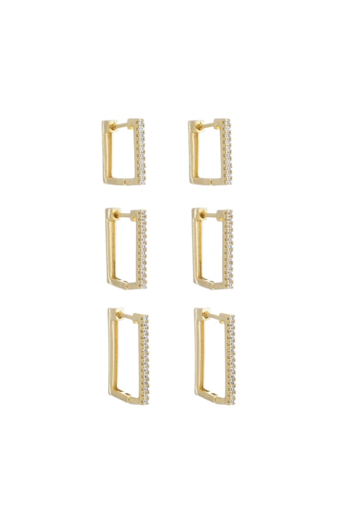 TRIO DE ARGOLINHAS RETANGULARES CRAVEJADAS NO OURO BM1418-O TRIO DE ARGOLINHAS RETANGULARES CRAVEJADAS NO OURO BM1418-O