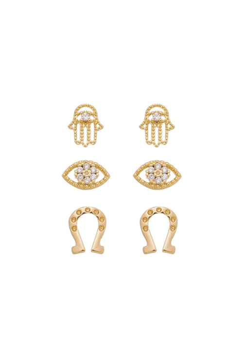 TRIO DE BRINCOS AMULETOS CRAVEJADOS NO OURO BM473-O TRIO DE BRINCOS AMULETOS CRAVEJADOS NO OURO BM473-O