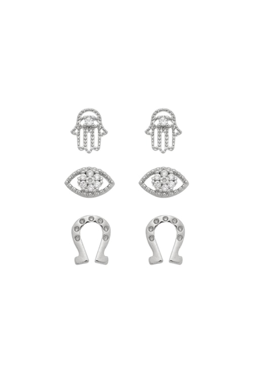 TRIO DE BRINCOS AMULETOS CRAVEJADOS NO RÓDIO BM473-R