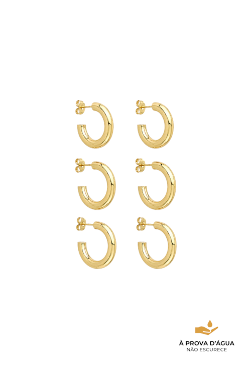 TRIO DE BRINCOS ARGOLA EM AÇO INOX DOURADO BM2274-AD