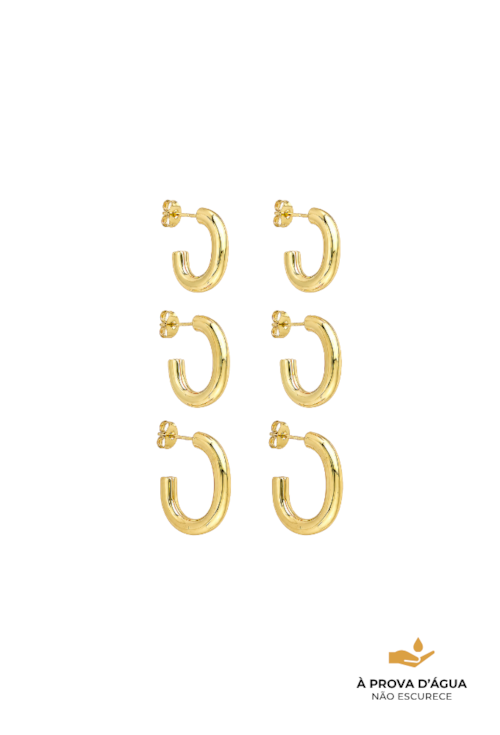 TRIO DE BRINCOS ARGOLA OVAL EM AÇO INOX DOURADO BM2267-AD