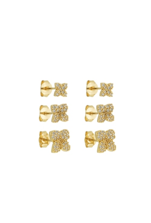 TRIO DE BRINCOS DE FLOR CRAVEJADA NO OURO BM1903-O TRIO DE BRINCOS DE FLOR CRAVEJADA NO OURO BM1903-O