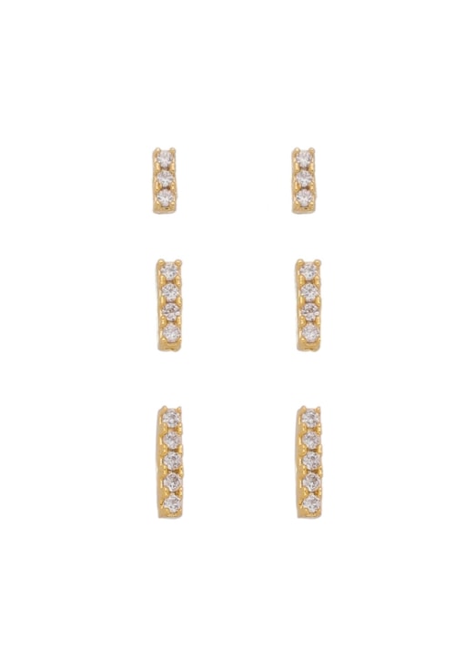 TRIO DE BRINCOS PALITO COM ZIRCÔNIAS NO OURO BM691-O TRIO DE BRINCOS PALITO COM ZIRCÔNIAS NO OURO BM691-O