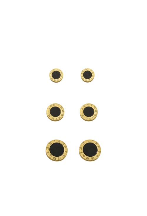 TRIO DE BRINCOS REDONDO ÔNIX INSPIRAÇÃO AÇO INOX DOURADO BM2011-AD