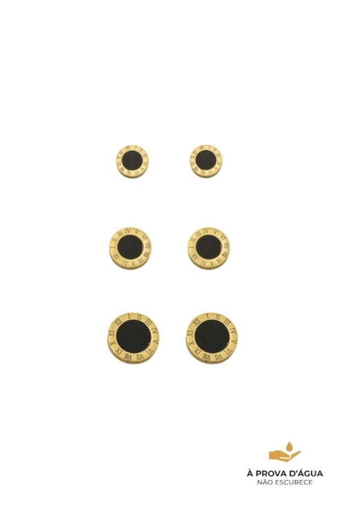 TRIO DE BRINCOS REDONDO ÔNIX INSPIRAÇÃO AÇO INOX DOURADO BM2011-AD