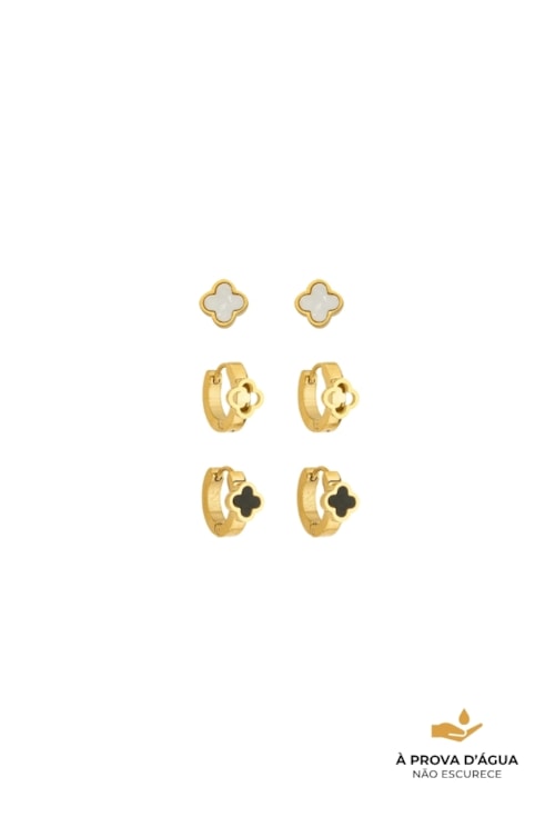 TRIO DE BRINCOS TREVOS  INOX DOURADO BM2039-AD